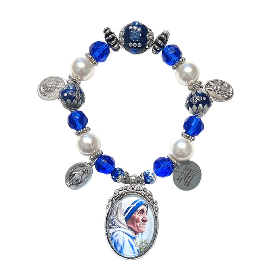 Door blessing Saint Mother Teresa blue & pearls