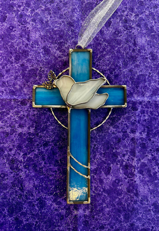 Cross with Dove stained glass hanging