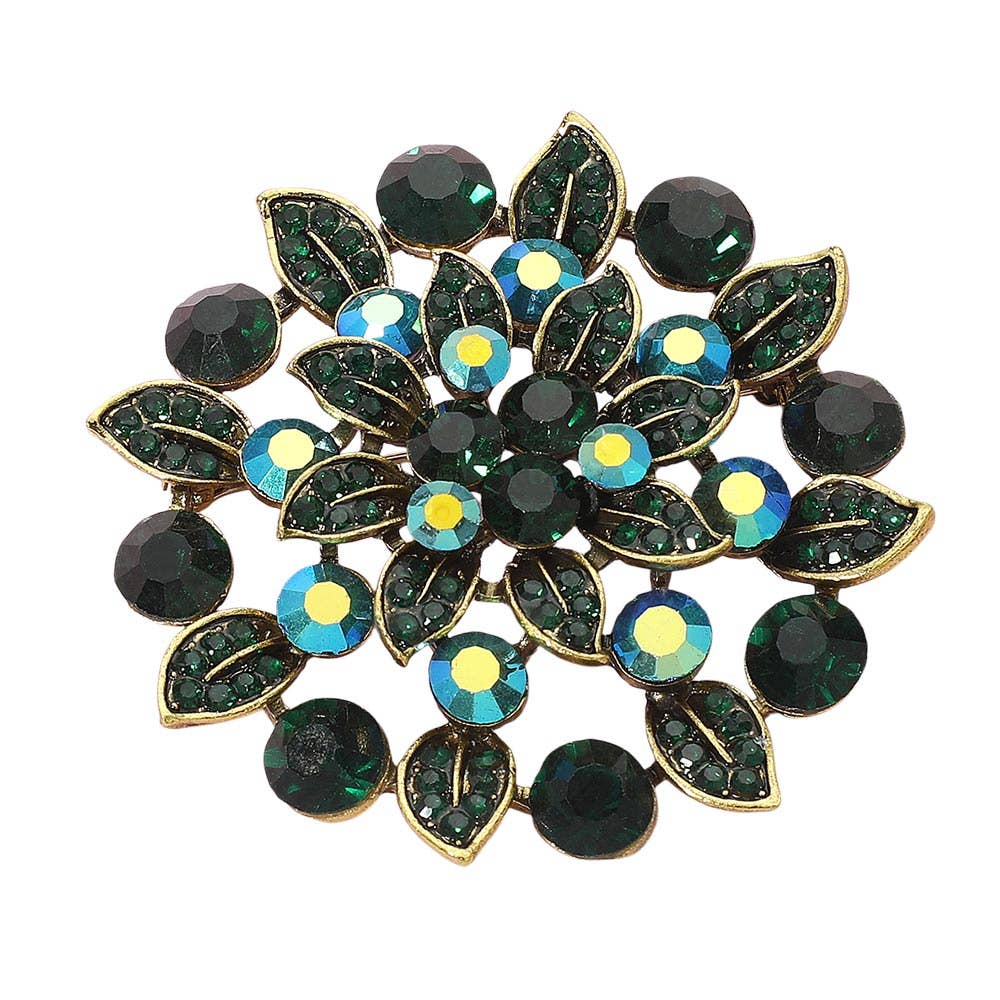 Emerald brooch Rhinestone Embellished Elegant Floral Pin
