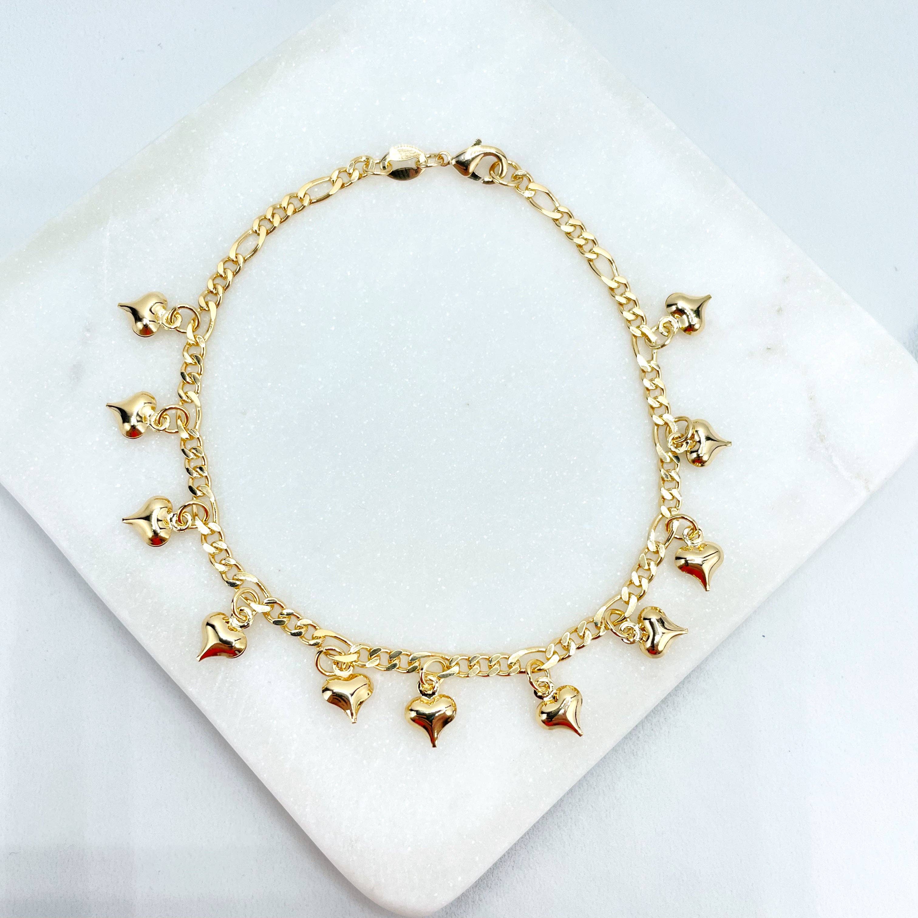 18K Figaro Chain Bracelet with Hearts – Jeni's Gifts