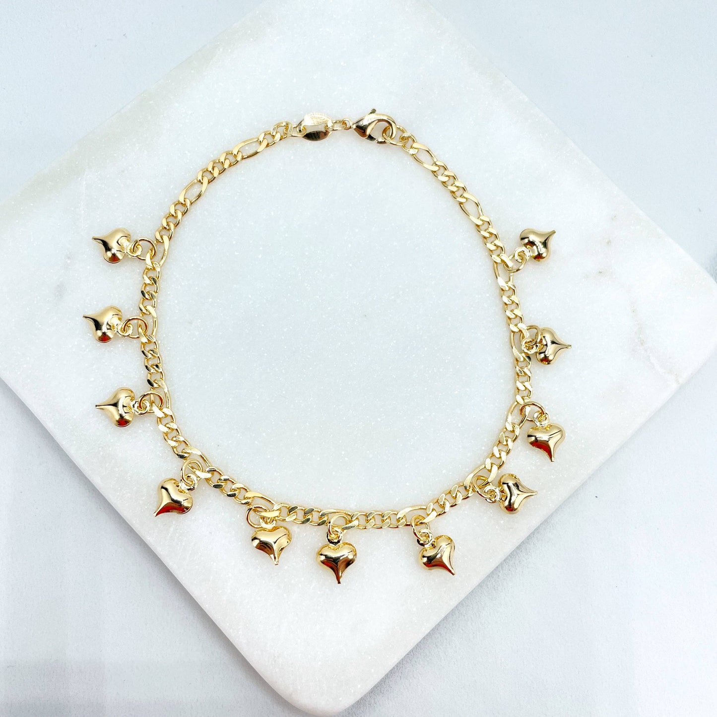 18K Figaro Chain Bracelet with Hearts