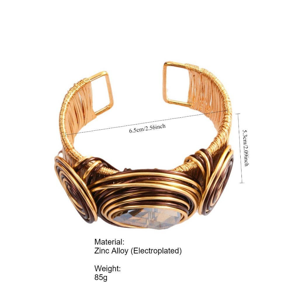 Vintage Punk Handwoven Wire Crystal Open Cuff Bangle