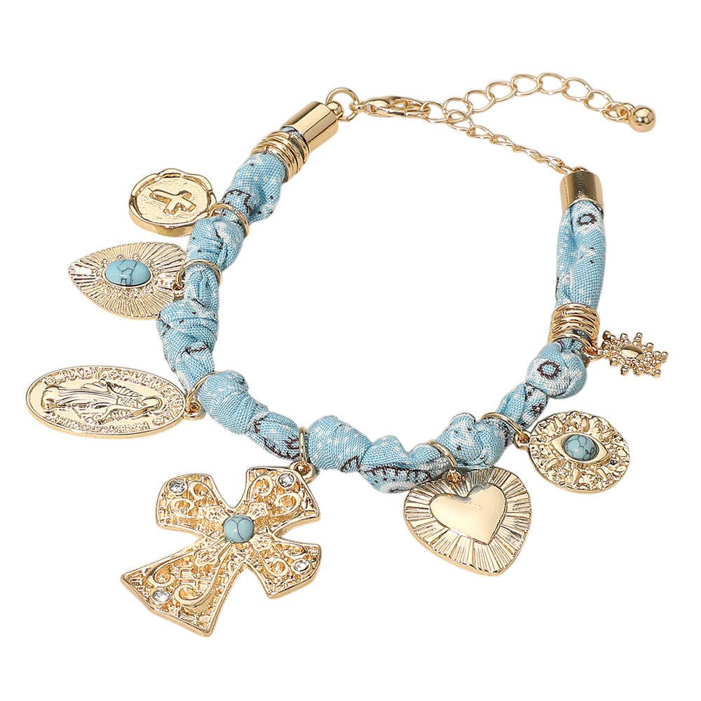 Chunky Religious Cross Heart Charm Station Fabric Chain Bracelet: Black,Gold