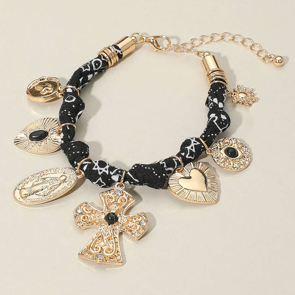Chunky Religious Cross Heart Charm Station Fabric Chain Bracelet: Black,Gold