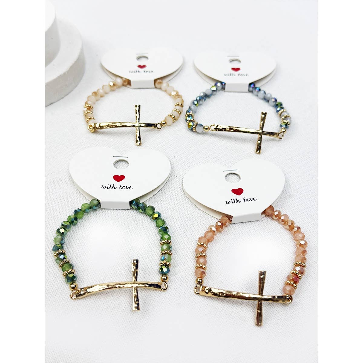 Hammered Cross Bead Stretch Bracelet: Mixed colors