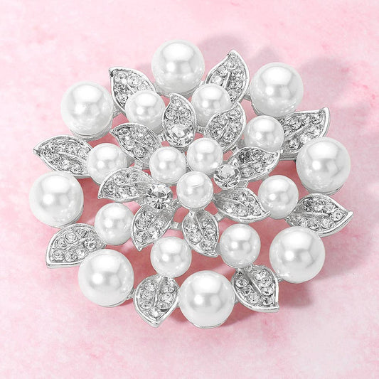 Rhinestone Embellished Elegant Floral Pin Brooch: AB,Silver