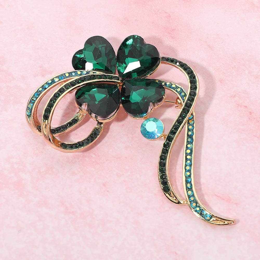 Clover ribbon Pin Brooch: Emerald,Gold
