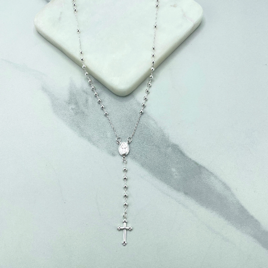 Sterling Silver Rosary with La Milagrosa, Miraculous Virgin Necklace 18 Inches Beaded