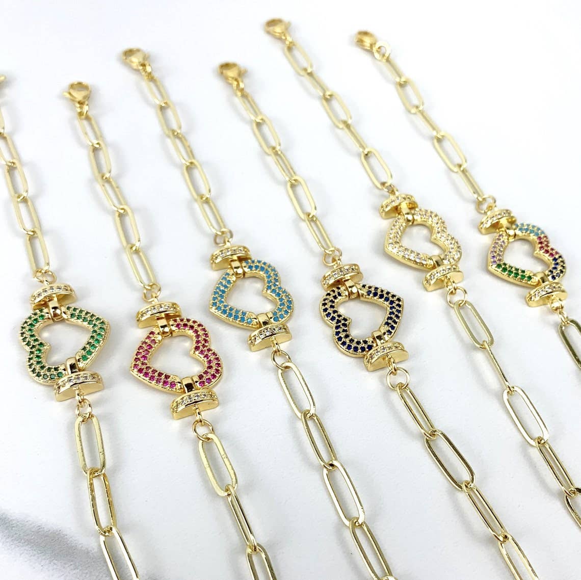 Blue Paperclip Link and Colored CZ Bracelet 18k Gold Filled