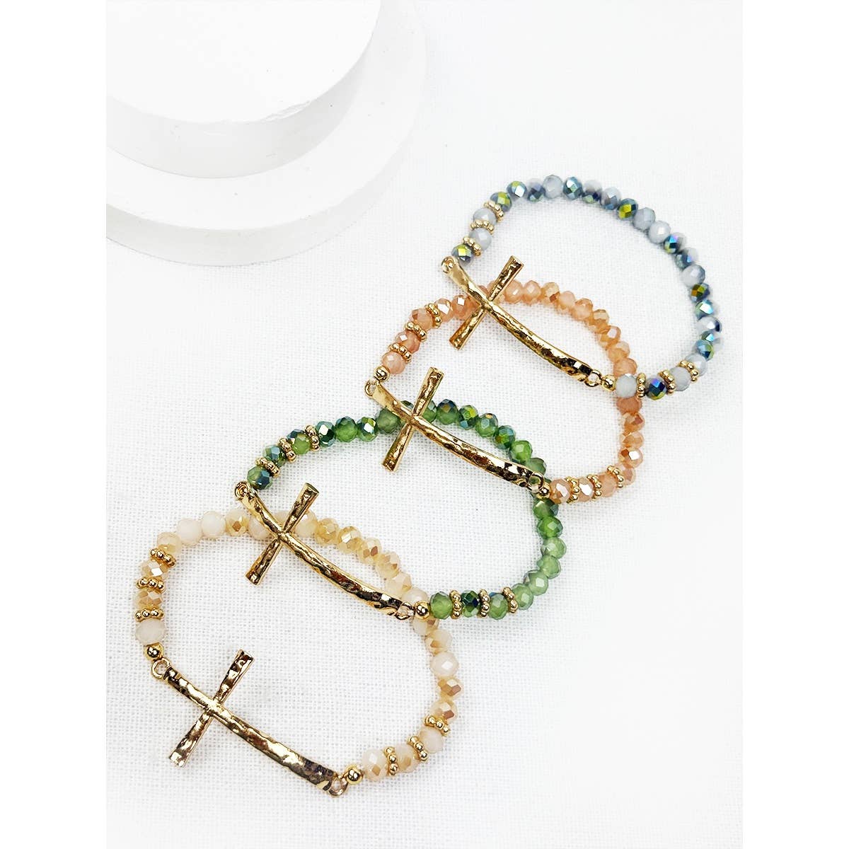 Hammered Cross Bead Stretch Bracelet: Mixed colors