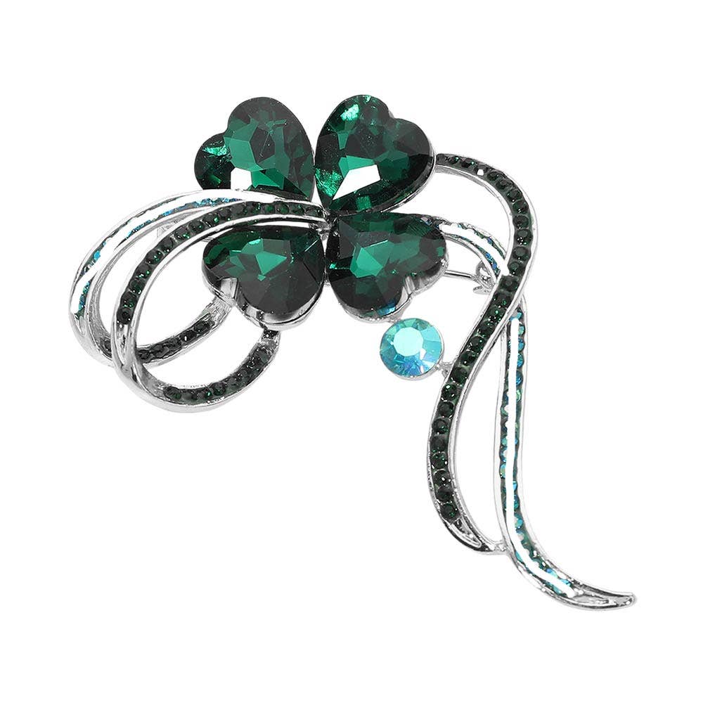 Clover ribbon Pin Brooch: Emerald,Gold