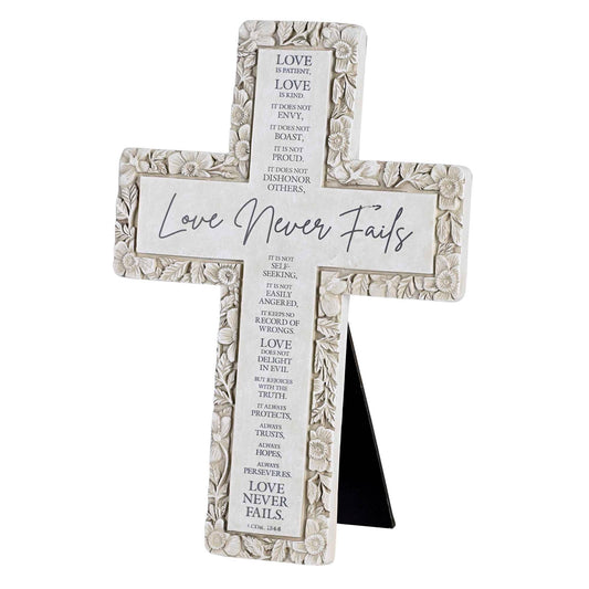 Love Never Fails Tabletop Floral Cross