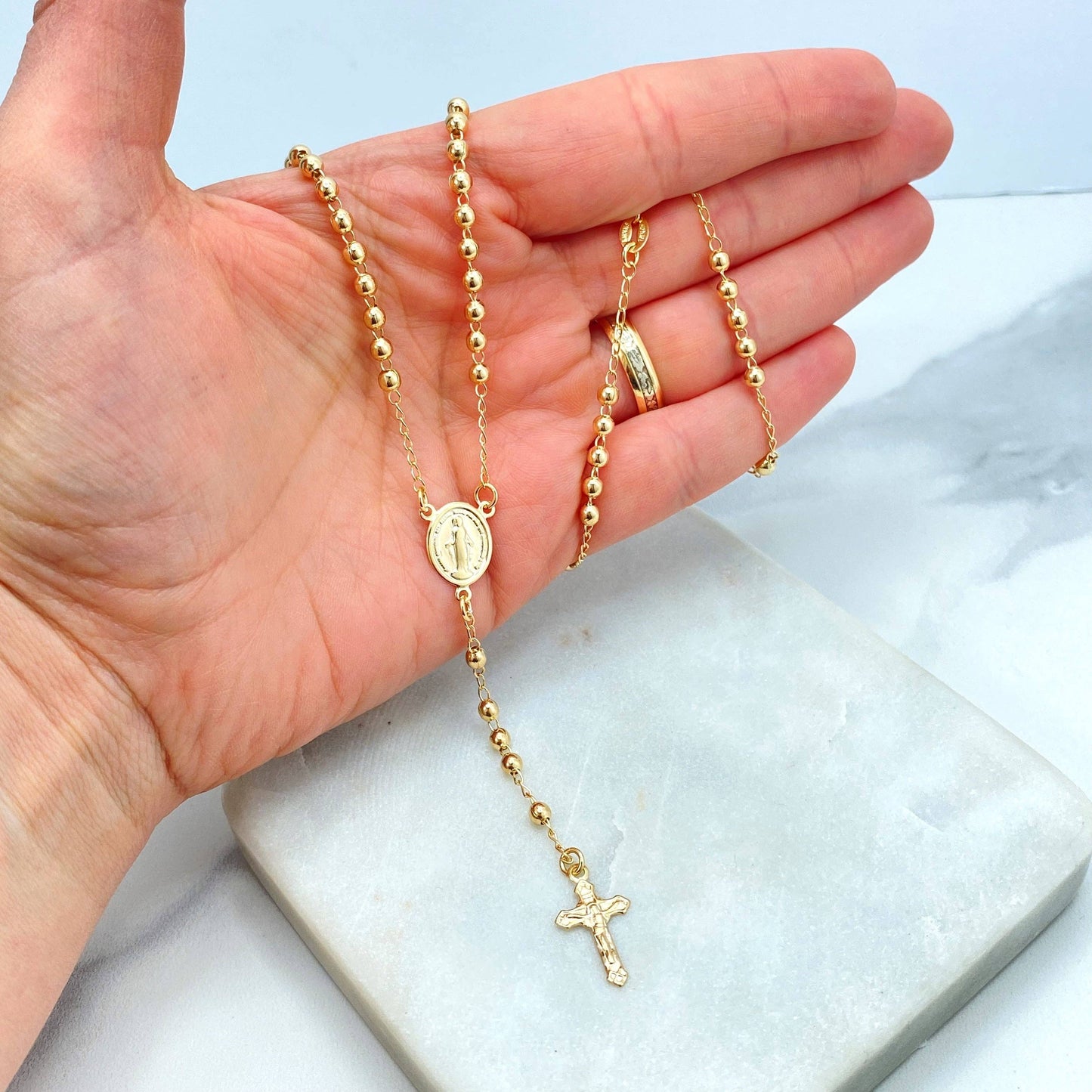 Rosary with La Milagrosa Charm, Gold Balls with Miraculous Virgin 18k Gold Filled Gold Beaded
