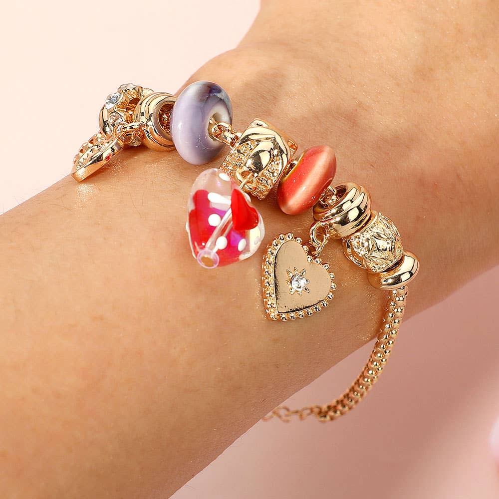 Romantic Triple Heart Charm Multi Bead Bracelet