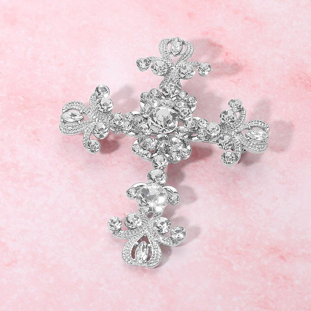 Silver Cross Brooch Elegant Stone Embellished