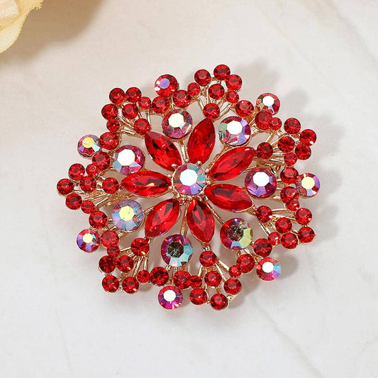 Red Floral Brooch Rhinestone Cluster Pin