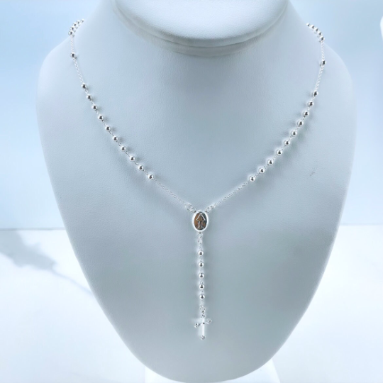 Sterling Silver Rosary with La Milagrosa, Miraculous Virgin Necklace 18 Inches Beaded