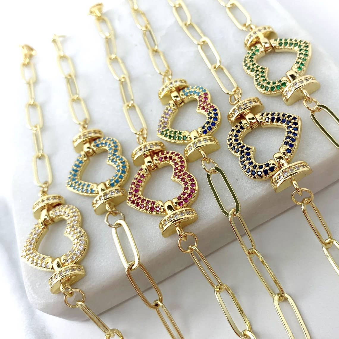 Blue Paperclip Link and Colored CZ Bracelet 18k Gold Filled