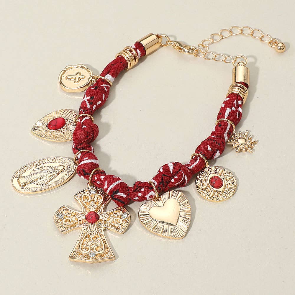 Chunky Religious Cross Heart Charm Station Fabric Chain Bracelet: Black,Gold