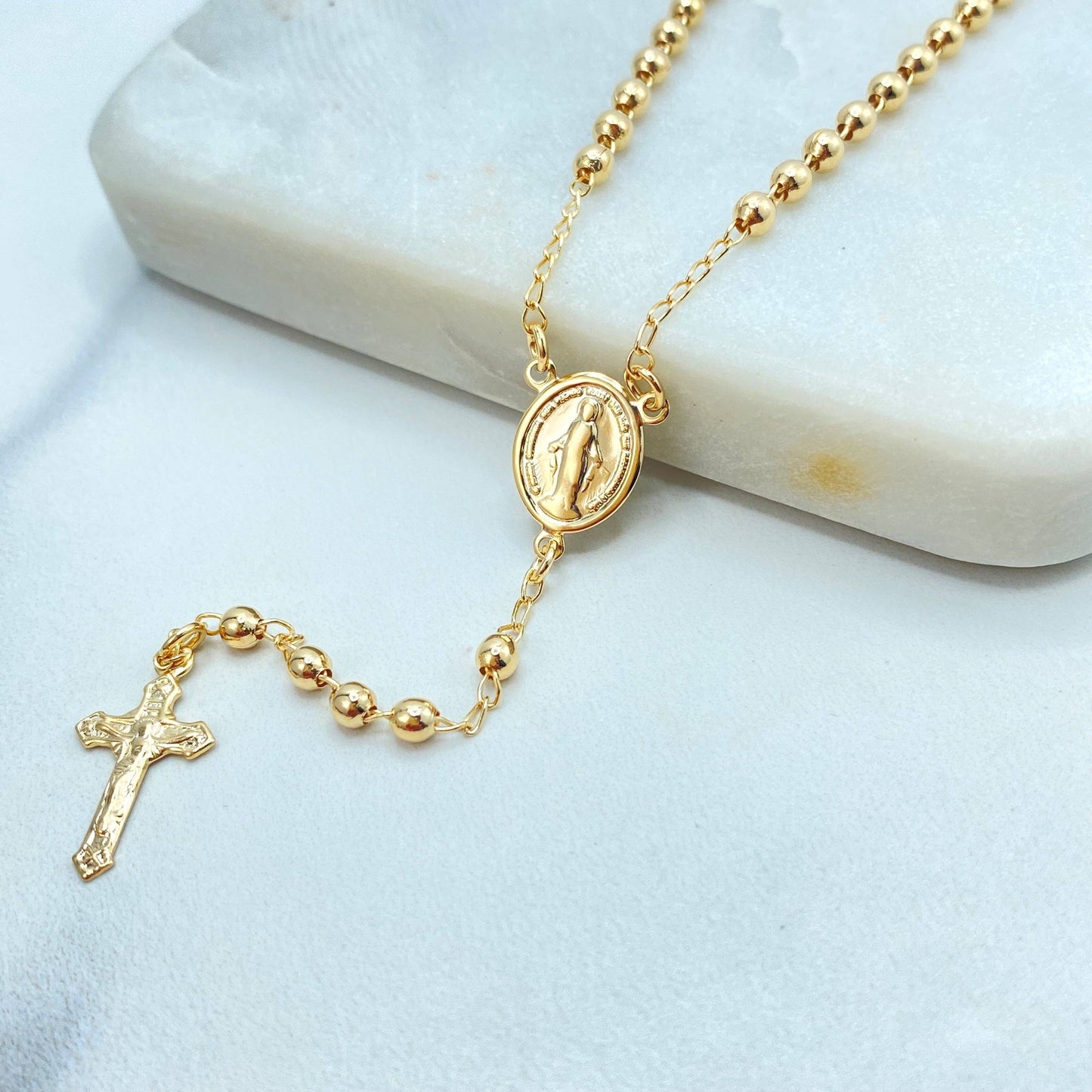 Rosary with La Milagrosa Charm, Gold Balls with Miraculous Virgin 18k Gold Filled Gold Beaded