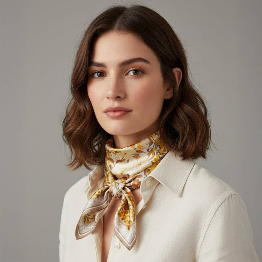 Vintage Floral Garden Print Square Bandana Scarf: Beige