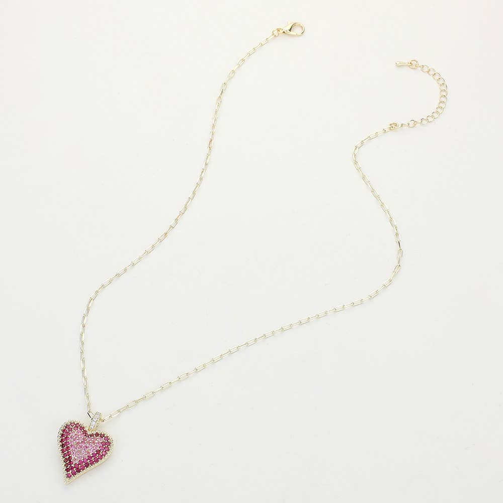 Heart Paperclip Chain Pendant Necklace 14K Gold Plated CZ Stone Paved