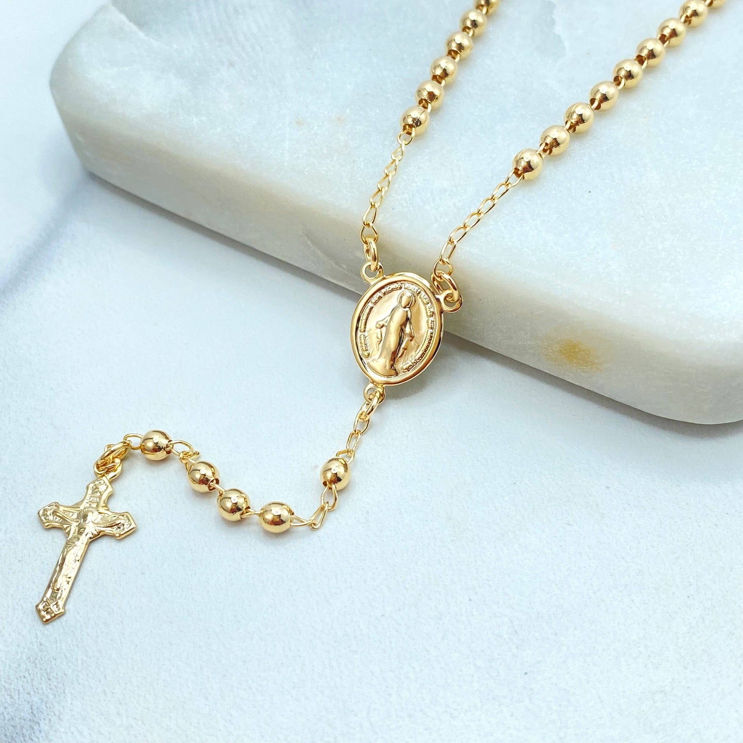 Rosary with La Milagrosa Charm, Gold Balls with Miraculous Virgin 18k Gold Filled Gold Beaded