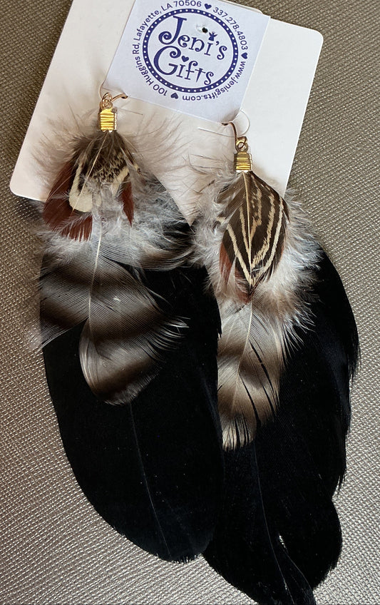 Black, Brown, White Feather Dangles